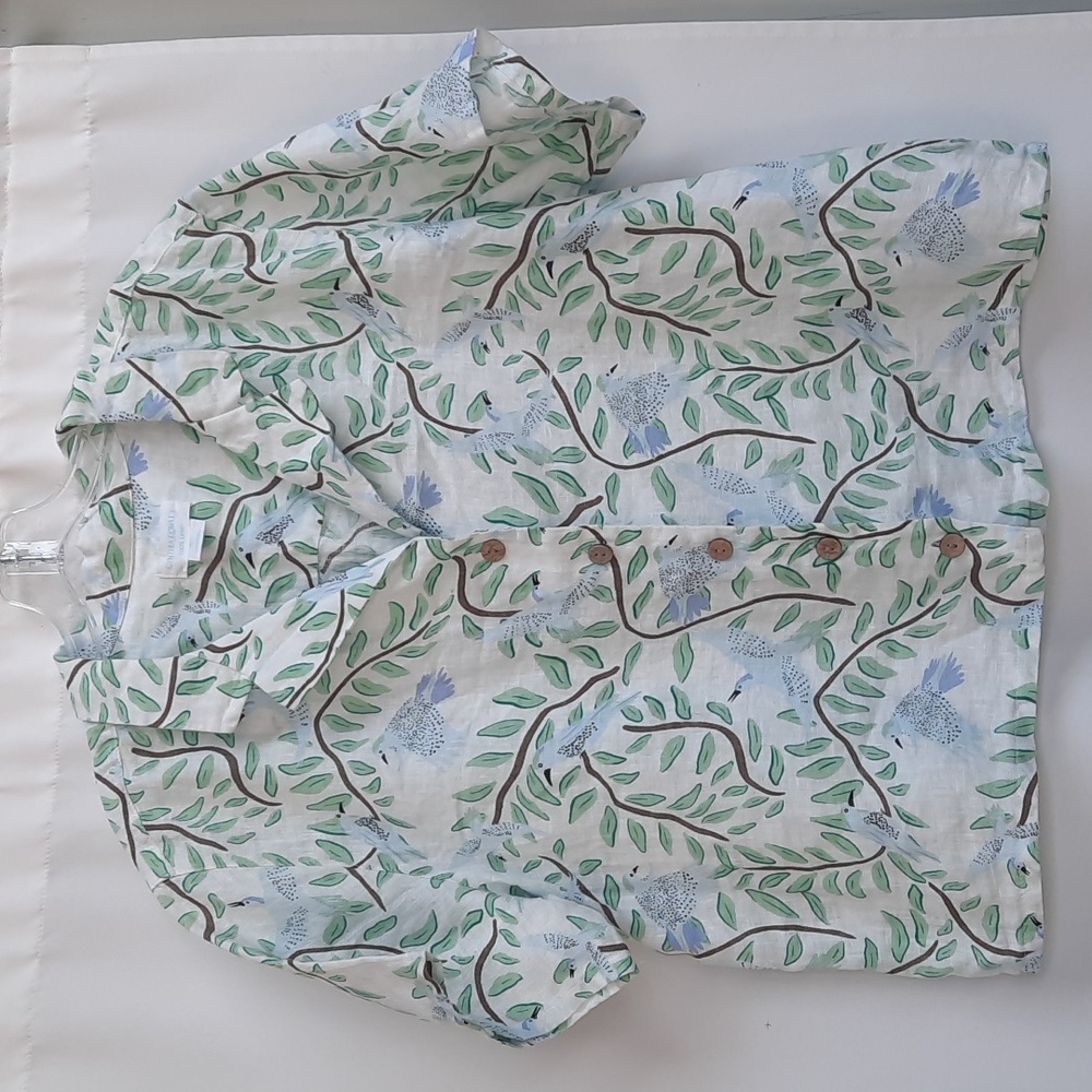 Cynthia Rowley 100% Linen Novelty Bird Leaf Print button down top Size L